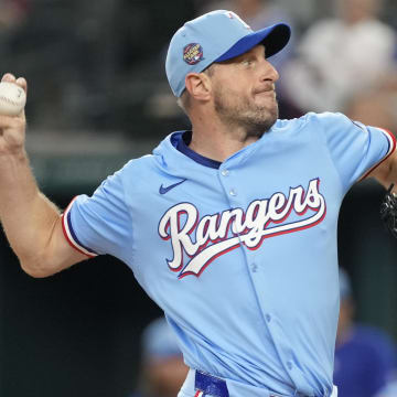 Jun 23, 2024; Arlington, Texas, USA; Texas Rangers starting pitcher Max Scherzer (31) delivers a pitch to the Kansas City Royals during the first inning at Globe Life Field. Mandatory Credit: Jim Cowsert-USA TODAY Sports