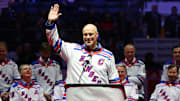 Feb 8, 2019; New York, NY, USA; Former New York Rangers captain Mark Messier waves to the crowd during the ceremony honoring the 1994 Stanley Cup Championship New York Rangers team at Madison Square Garden. Mandatory Credit: Andy Marlin-Imagn Images