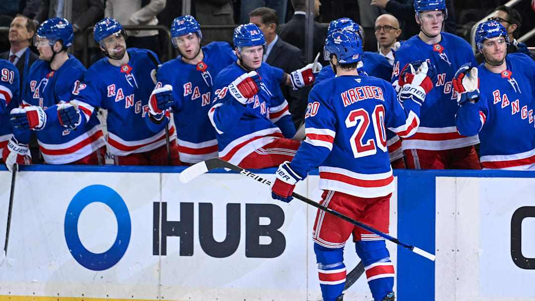 Dec 2, 2024; New York, New York, USA;  New York Rangers left wing Chris Kreider (20) celebrates his goal against the New Jersey Devils during the second period at Madison Square Garden. Mandatory Credit: Dennis Schneidler-Imagn Images