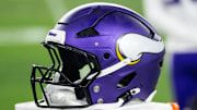 Jan 13, 2025; Glendale, AZ, USA; Detailed view of a Minnesota Vikings helmet during an NFC wild card game at State Farm Stadium. Mandatory Credit: Mark J. Rebilas-Imagn Images