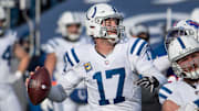 Jan 9, 2021; Orchard Park, New York, USA; Indianapolis Colts quarterback Philip Rivers (17) looks to throw a pass in the second quarter wildcard playoff game against the Buffalo Bills at Bills Stadium.