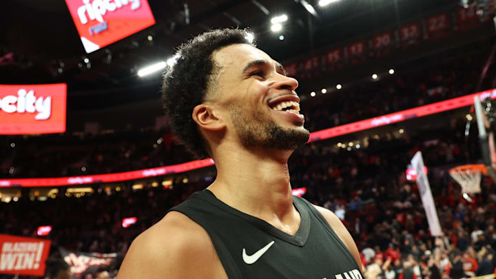 Nov 5, 2025; Portland, Oregon, USA;  Portland Trail Blazers forward Toumani Camara (33) reacts after the game against the Oklahoma City Thunder at the Moda Center. Mandatory Credit: Jaime Valdez-Imagn Images

