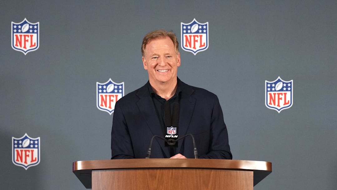 Goodell addresses the media at the annual league meeting.