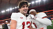 Sep 20, 2024; Syracuse, New York, USA; Stanford Cardinal place kicker Emmet Kenney (13) celebrates following his game winning field goal against the Syracuse Orange at the JMA Wireless Dome. Mandatory Credit: Rich Barnes-Imagn Images