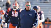 Nov 1, 2025; Champaign, Illinois, USA;  Illinois Fighting Illini head coach Bret Bielema before an NCAA game against the Rutgers Scarlet Knights at Memorial Stadium. Mandatory Credit: Ron Johnson-Imagn Images