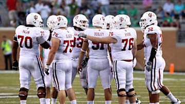 Sep 24, 2011; Denton, TX, USA; The Indiana Hoosiers offensive line huddle during the game against the North Texas Mean Green at Apogee Stadium.  Mandatory Credit: Kevin Jairaj-Imagn Images
