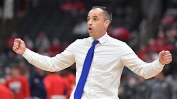 Mar 8, 2025; St. Louis, MO, Drake Bulldogs head coach Ben McCollum reacts during the second half against Belmont at Enterprise Center. Mandatory Credit: Ron Johnson-Imagn Images