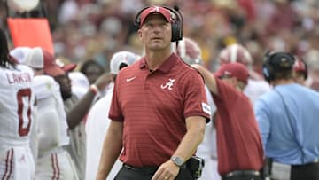 Aug 30, 2025; Tallahassee, Florida, USA; Alabama Crimson Tide head coach Kalen DeBoer looks on against the Florida State Seminoles during the second half at Doak S. Campbell Stadium. Mandatory Credit: Melina Myers-Imagn Images