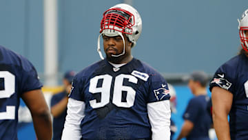 Jun 7, 2016; Foxborough, MA, USA; New England Patriots defensive tackle Terrance Knighton (96) during mini camp at Gillette Stadium. Mandatory Credit: Winslow Townson-Imagn Images