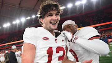 Sep 20, 2024; Syracuse, New York, USA; Stanford Cardinal place kicker Emmet Kenney (13) celebrates following his game winning field goal against the Syracuse Orange at the JMA Wireless Dome. Mandatory Credit: Rich Barnes-Imagn Images