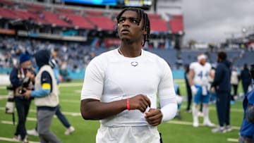 Tennessee Titans quarterback Cam Ward exits the field after their loss to the Los Angeles Chargers at Nissan Stadium in Nashville, Tenn., Sunday, Nov. 2, 2025.