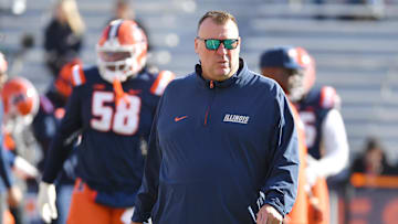 Nov 1, 2025; Champaign, Illinois, USA;  Illinois Fighting Illini head coach Bret Bielema before an NCAA game against the Rutgers Scarlet Knights at Memorial Stadium. Mandatory Credit: Ron Johnson-Imagn Images