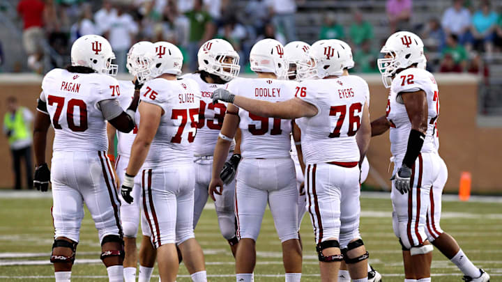 Sep 24, 2011; Denton, TX, USA; The Indiana Hoosiers offensive line huddle during the game against the North Texas Mean Green at Apogee Stadium.  Mandatory Credit: Kevin Jairaj-Imagn Images