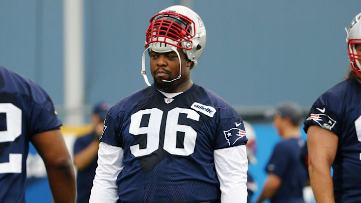 Jun 7, 2016; Foxborough, MA, USA; New England Patriots defensive tackle Terrance Knighton (96) during mini camp at Gillette Stadium. Mandatory Credit: Winslow Townson-Imagn Images