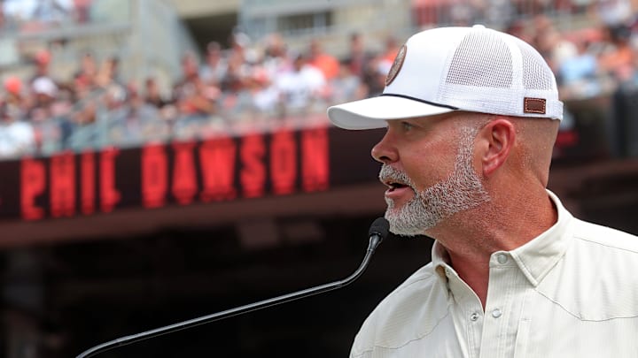 Former Cleveland Browns kicker Phil Dawson speaks during his Browns Legends induction ceremony before an NFL football game at Huntington Bank Field, Sunday, Sept. 22, 2024, in Cleveland, Ohio. Former Cleveland Browns kicker Phil Dawson speaks during his Browns Legends induction ceremony before an NFL football game at Huntington Bank Field, Sunday, Sept. 22, 2024, in Cleveland, Ohio.