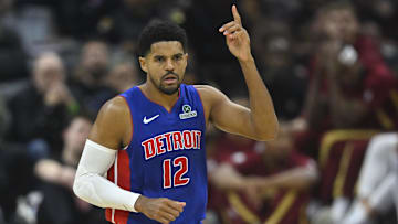 Oct 14, 2025; Cleveland, Ohio, USA; Detroit Pistons forward Tobias Harris (12) : David Richard-Imagn Images