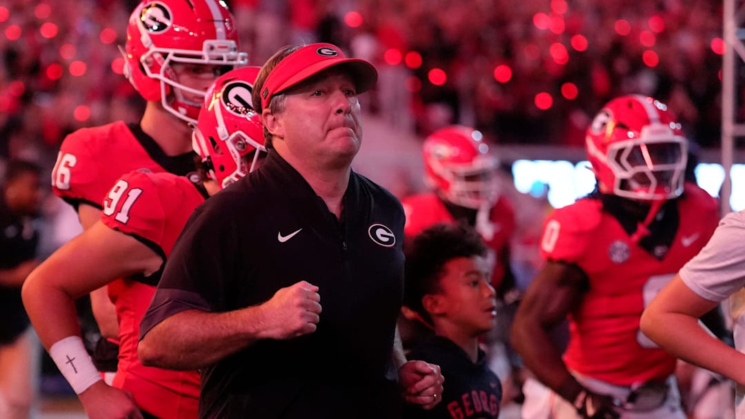 Georgia Bulldogs coach Kirby Smart takes the field before the start of a NCAA college football game against Alabama in Athens, Ga., on Saturday, September 27, 2025.