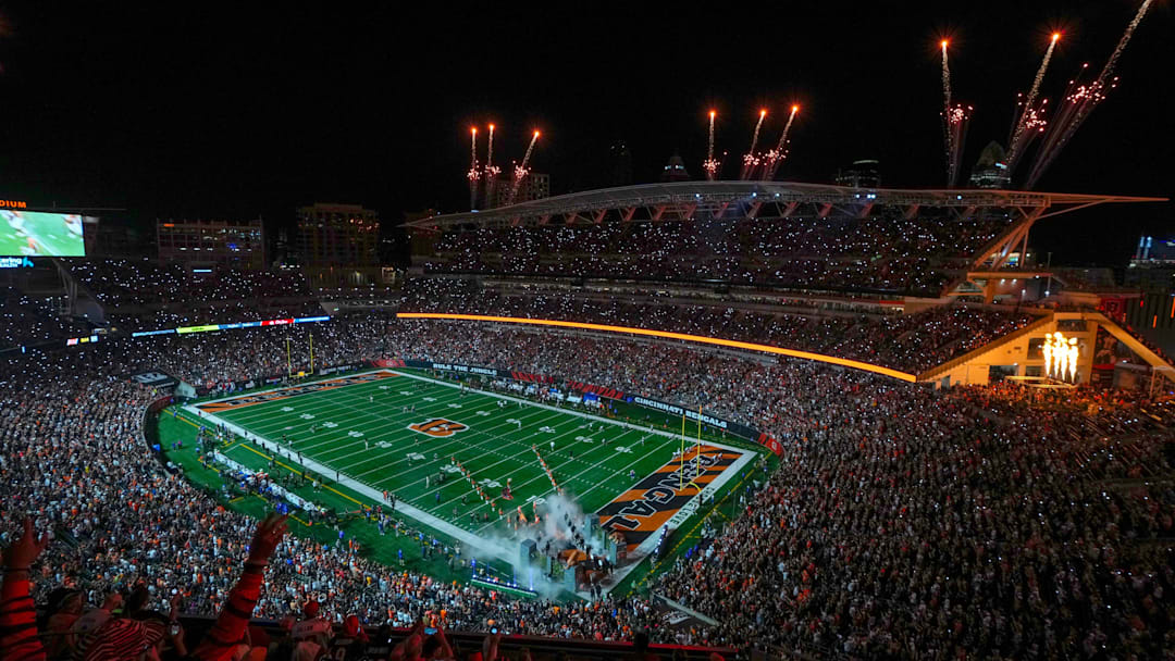 The Cincinnati Bengals take the field for Monday Night Football against the Washington Commanders on September 23, 2024 at Paycor Stadium. The Cincinnati Bengals take the field for Monday Night Football against the Washington Commanders on September 23, 2024 at Paycor Stadium.