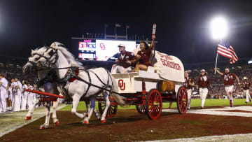 Norman, Oklahoma, USA; Oklahoma Sooners' Sooner Schooner celebrates an OU touchdown during a game at Gaylord Family-Oklahoma Memorial Stadium. Mandatory Credit: Kevin Jairaj-USA TODAY Sports