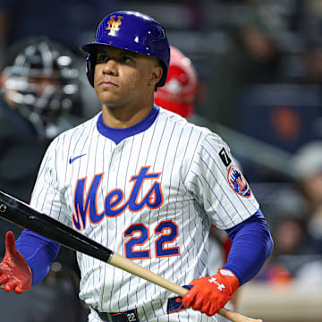 Apr 17, 2025; New York City, New York, USA; New York Mets right fielder Juan Soto (22) reacts after striking out during the third inning against the St. Louis Cardinals at Citi Field. Mandatory Credit: Vincent Carchietta-Imagn Images