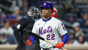 Apr 17, 2025; New York City, New York, USA; New York Mets right fielder Juan Soto (22) reacts after striking out during the third inning against the St. Louis Cardinals at Citi Field. Mandatory Credit: Vincent Carchietta-Imagn Images