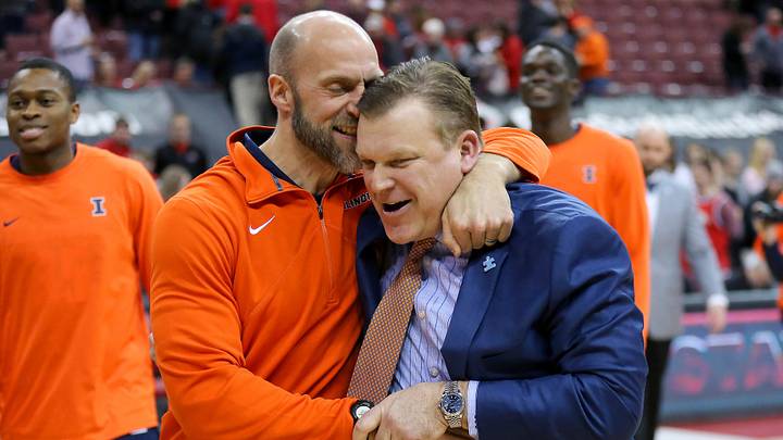 Feb 14, 2019; Columbus, OH, USA; Illinois Fighting Illini head coach Brad Underwood (right) gets a hug from Athletic Director Josh Whitman after the win against the Ohio State Buckeyes at Value City Arena. Mandatory Credit: Joe Maiorana-USA TODAY Sports