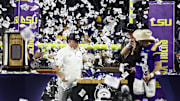 LSU Tigers head coach Brian Kelly watches quarterback Garrett Nussmeier eat after defeating the Baylor Bears in the Kinder’s Texas Bowl in the second half at NRG Stadium. 