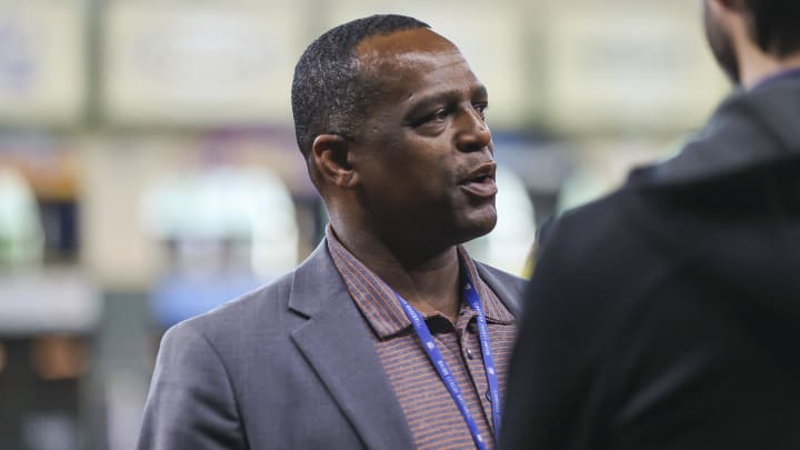 Apr 18, 2023; Houston, Texas, USA; Houston Astros general manager Dana Brown talks on the field before the game against the Toronto Blue Jays at Minute Maid Park