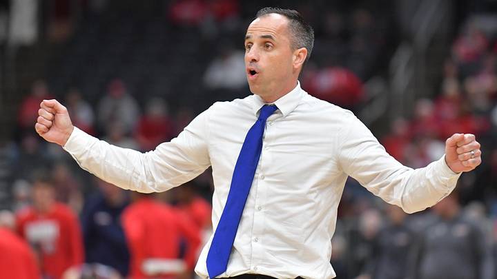 Mar 8, 2025; St. Louis, MO, Drake Bulldogs head coach Ben McCollum reacts during the second half against Belmont at Enterprise Center. Mandatory Credit: Ron Johnson-Imagn Images
