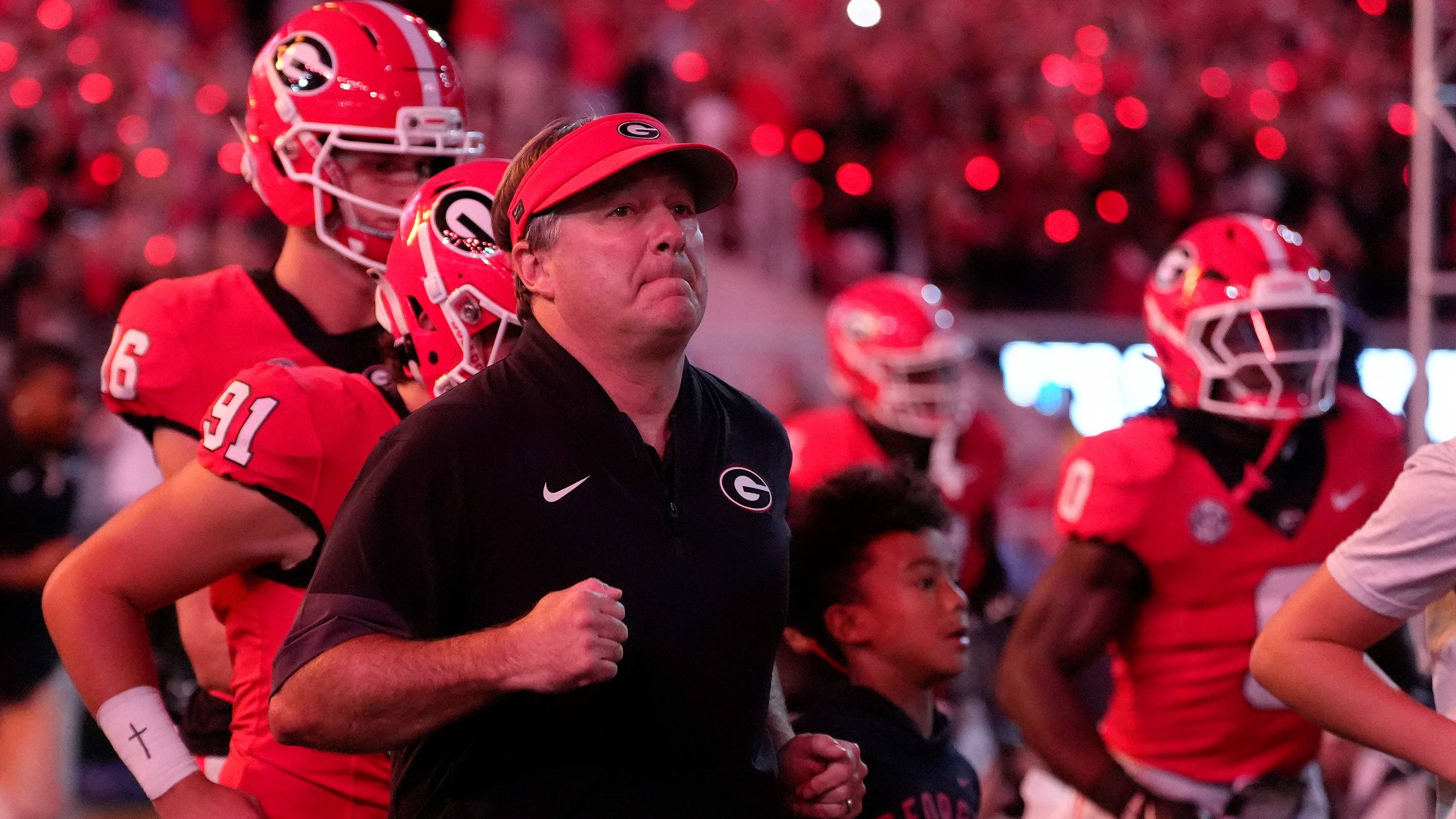 Kirby Smart takes the field before the start of the Alabama game in 2025.