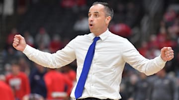Mar 8, 2025; St. Louis, MO, Drake Bulldogs head coach Ben McCollum reacts during the second half against Belmont at Enterprise Center. Mandatory Credit: Ron Johnson-Imagn Images