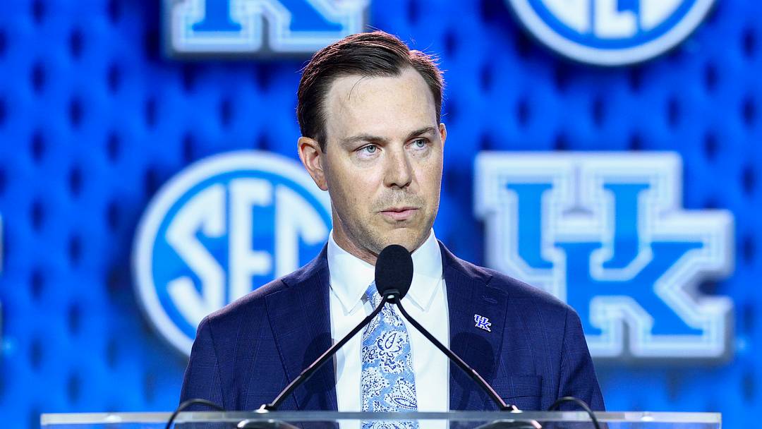 Jul 20, 2026; Tampa, FL, USA; Kentucky Wildcats head coach Will Stein speaks to the press during SEC Football Kickoff Media Day at the Tampa Marriott. Mandatory Credit: Nathan Ray Seebeck-Imagn Images