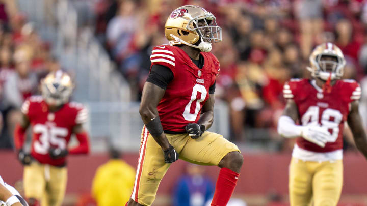 August 18, 2024; Santa Clara, California, USA; San Francisco 49ers cornerback Samuel Womack III (0) celebrates after a defensive stop against the New Orleans Saints during the fourth quarter at Levi's Stadium. Mandatory Credit: Kyle Terada-USA TODAY Sports