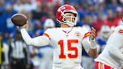 Nov 2, 2025; Orchard Park, New York, USA; Kansas City Chiefs quarterback Patrick Mahomes (15) throws the ball in the first quarter against the Buffalo Bills at Highmark Stadium. Mandatory Credit: Mark Konezny-Imagn Images