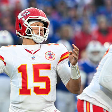 Nov 2, 2025; Orchard Park, New York, USA; Kansas City Chiefs quarterback Patrick Mahomes (15) throws the ball in the first quarter against the Buffalo Bills at Highmark Stadium. Mandatory Credit: Mark Konezny-Imagn Images