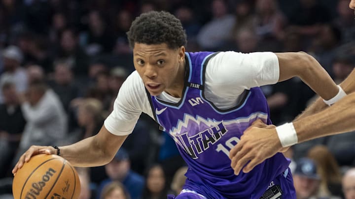 Mar 18, 2026; Minneapolis, Minnesota, USA; Utah Jazz guard Ace Bailey (19) drives to the basket past Minnesota Timberwolves center Rudy Gobert (27) in the second half at Target Center. Mandatory Credit: Jesse Johnson-Imagn Images