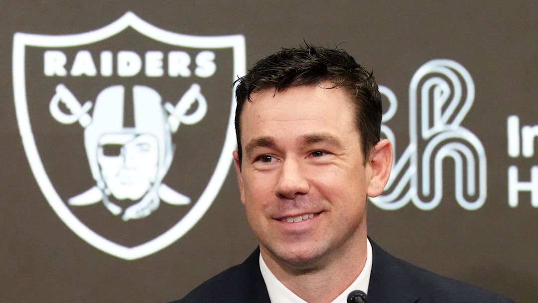 Feb 10, 2026; Henderson, NV, USA; Las Vegas Raiders coach Klint Kubiak speaks at introductory press conference at Intermountain Health Performance Center. Mandatory Credit: Kirby Lee-Imagn Images
