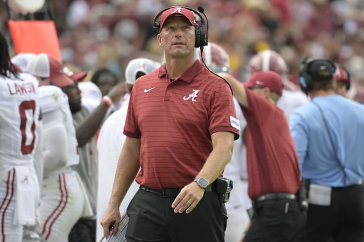 Alabama Crimson Tide head coach Kalen DeBoer looks on against the Florida State Seminoles. 