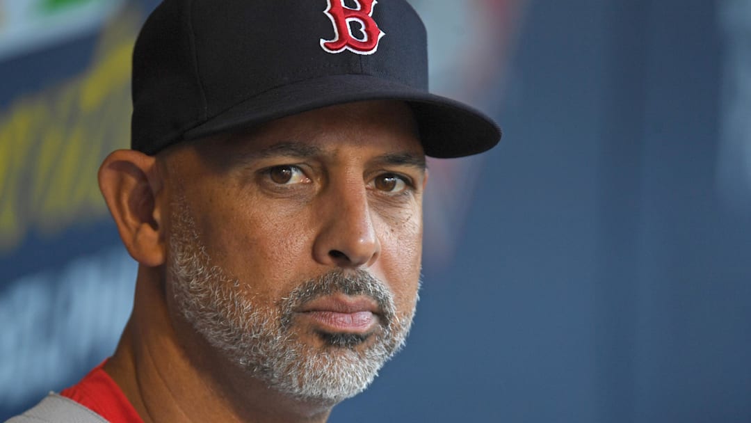 Boston Red Sox manager Alex Cora (13) in the dugout against the Philadelphia Phillies at Citizens Bank Park.