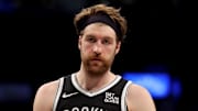 Apr 10, 2025; Brooklyn, New York, USA; Brooklyn Nets forward Drew Timme (26) reacts during the third quarter against the Atlanta Hawks at Barclays Center. Mandatory Credit: Brad Penner-Imagn Images