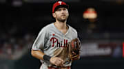 Aug 14, 2025; Washington, District of Columbia, USA; Philadelphia Phillies shortstop Trea Turner (7) jogs back to the dugout at the end of the eighth inning against the Washington Nationals at Nationals Park