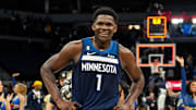 Jan 4, 2023; Minneapolis, Minnesota, USA; Minnesota Timberwolves guard Anthony Edwards (1) smiles following the game against the Portland Trail Blazers at Target Center. Mandatory Credit: Brace Hemmelgarn-Imagn Images