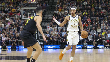 Jan 15, 2024; Salt Lake City, Utah, USA; Indiana Pacers guard Andrew Nembhard (2) calls a play against the Utah Jazz during the second quarter at Delta Center. Mandatory Credit: Rob Gray-USA TODAY Sports