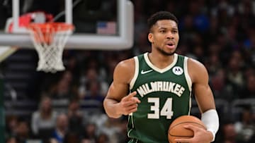 Jan 24, 2024; Milwaukee, Wisconsin, USA; Milwaukee Bucks forward Giannis Antetokounmpo (34) looks on during a timeout in the fourth quarter against the Cleveland Cavaliers at Fiserv Forum. Mandatory Credit: Benny Sieu-Imagn Images