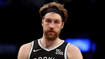 Apr 10, 2025; Brooklyn, New York, USA; Brooklyn Nets forward Drew Timme (26) reacts during the third quarter against the Atlanta Hawks at Barclays Center. Mandatory Credit: Brad Penner-Imagn Images