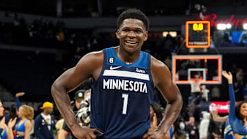 Jan 4, 2023; Minneapolis, Minnesota, USA; Minnesota Timberwolves guard Anthony Edwards (1) smiles following the game against the Portland Trail Blazers at Target Center. Mandatory Credit: Brace Hemmelgarn-Imagn Images