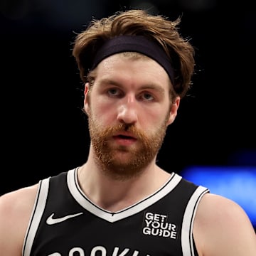 Brooklyn Nets forward Drew Timme (26) reacts during the third quarter against the Atlanta Hawks at Barclays Center.