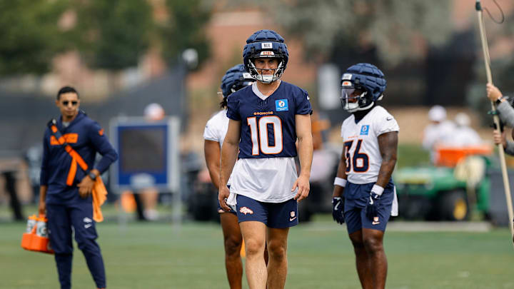 Jul 26, 2024; Englewood, CO, USA; Denver Broncos quarterback Bo Nix (10) during training camp at Broncos Park Powered by CommonSpirit. Mandatory Credit: Isaiah J. Downing-USA TODAY Sports