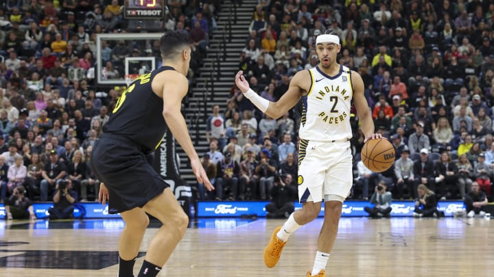 Jan 15, 2024; Salt Lake City, Utah, USA; Indiana Pacers guard Andrew Nembhard (2) calls a play against the Utah Jazz during the second quarter at Delta Center. Mandatory Credit: Rob Gray-USA TODAY Sports