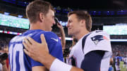 Aug 30, 2018; East Rutherford, NJ, USA; New York Giants quarterback Eli Manning (10) shakes hands